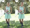 Bateau Lace Junior Bridesmaid платья дешевые мяты зеленые синие короткие вечеринки платья летняя весна для свадебных горничных честь кабриолеты