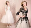 Vintage Herbata Długość Plaża Suknie Ślubne Z Pół Rękawami Scoop Neck Black Lace Aplikacje Ruched Tulle A-Line Wedding Suknie Ślubne