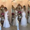 Kanten lange mouw zeemeermin trouwjurken 2017 elegante Arabische vloer lengte bruids vestidos plus size achter bedekt knoppen bruidsjurken