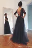 Black Backless Formal Evening Dresses Bateau A Line Open Back Tulle Mother Of Bride Dresses Beaded Lace Prom Dress with 3/4 Sleeves