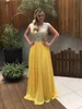 Modest amarillo tapa de la manga Top lentejuelas vestidos de noche palabra de longitud gasa larga formal vestidos de baile desgaste de la noche 2018 Garden vestidos festa
