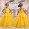 Żółty Cute Flower Girls Dresses Sheer Crew Neck Rękawicowy Gorset Powrót Tiers Spódnica Princess Kids Prom Party Suknie na Wesela