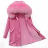 Kvinnors Vinter Varm Real Raccoon Fur Collar Hooded Faux Fur Liner Medium Lång Casual Loose Fashion Parka Coat Plus Size Casacos