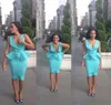 2016 Sexy Blue Korte Cocktail Jurken Diepe V-hals Schede Satijn Peplum Knielengte Backless Prom Party Jurken Dames Casual Jurken