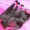 Brazilian Human Hair Weave com fecho de laço de bases de seda (3.5x4) Sedosa cor natural em linha 4 pc lote Bellahair