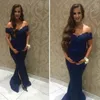 Navy Blue Maternity Evening Klänningar För Gravid Kvinnor Lace Beaded Side Slit Off The Shoulder Mermaid Gravid Prom Klänningar