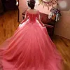 Romantic 2017 Coral Lace Ball Gown Wedding Dresses With Long Sleeves Tulle Off The Shoulder Beads Back Covered Buttons Bridal Gowns EN8152