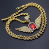 Hip Hop Angel Wings con collana con ciondolo in pietra rossa grande 76cm Catena con strass intarsiato con strass ala collana Uomo Donna Iced Out Jewelry