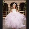 Розовое бальное платье принцессы Жемчуг Вечернее платье с бисером для девочек Кружевное платье с завязками на шее Тюль Оборки для девочек Платья для девочек на свадьбу без спинки