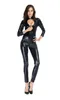 Wholesale-2020 Hot Sexy Lady Black Leather Latex Catsuits Low Cut With Zipper Open Crotch Elastic Wetlook Bodysuit Bar Clubwear