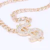 Banhado a ouro hip hop bling dólar sinal pingente conjunto de jóias dólar com strass pingente colar brincos anel pulseira