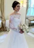 Lace Wedding Dresses Without Veil Bateau Illusion Long Sleeves Wedding Dress Sweep Train Back Covered Button Sash Ribbon Bridal Gowns