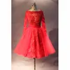 Zuhair Murad Red Lace Prom DressニーレングスAラインボートネックアップリケビーズイリュージョン長袖イブニングパーティードレス安い中国製