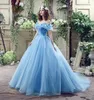 W magazynie! Vintage Princess Prom Dresses Butterfly Kryształowa Suknia Balowa Off Ramię Light Sky Niebieska Tanie Kopciuszki wieczorowe suknie