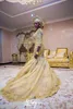 2017 New African Yellow Mermaid Suknie Ślubne Klejnot Neck Długie Rękawy Koronkowe Aplikacje Zroszony Court Train Plus Size Formalna sukienka ślubna