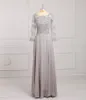 Plus size Sliver Long Sleeves Mother of the Bride Groom Dresses Chiffon Illusion Jewel Neck Applique Beaded Hollow Back Prom Evening Gowns