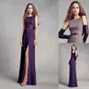 High-Neck Crepe Bridesmaid Dress with Ruffled Back VW360348 Floor Length Front Slit Purple Satin Wedding Party Dress