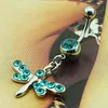 Body Jewel Fashion Belly Button Rings 316L Rostfritt stål Skivstång Dingle Blue Rhinestone Dragonfly Navel Piercing Jewelry260Q