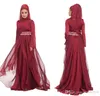 Bourgogne Chiffon Formal Long Maxi Lace Appliques aftonklänningar med hijab långärmad 2022 pärlstav veckad skiktade rufs arabiska muslimska dre