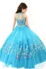 2019 Ny Rachel Allan Girls Pagant Klänningar Sheer High Neck Beaded Crystal Ärmlös Bollklänning Turkos Tulle Flower Girl Dresses 153