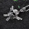 Large Casting Silver 316L Stainless steel Biker skeleton Skull Double Pistol Pendants Gothic Necklace Men's Cool Jewelry Gift246o