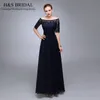 Реальная картина темно-синий вечерние платья 2016 Половина рукава из бисера шифон формальный мать невесты жених Dresse аппликация кружева вечерние платья