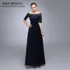 Immagine reale Abiti da sera blu navy 2016 Mezza manica con perline in chiffon formale Madre della sposa Abito da sposo Abiti da cerimonia in pizzo con applicazioni