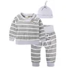 Ins Autumn Infant Baby Stripe Clothes Set Kids Boys Cotton Tops T-shirt + Pants + Hat 2cps Abbigliamento Suit Bambini Abiti 13482