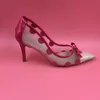 Roze dot vrouwen jurk schoenen puntschoen dunne kitten hak pumps bowtie handamde sexy hoge hakken blauwe jurk schoenen zwart / roze 3 kleuren