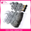 Virgin Peruvian Ombre Människa Hair 3bundles med 13x4 Lace Frontal Body Wave 1B / Grå Två Ton Mänskliga Hårvävning Med FronTals Silver Grå