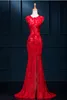 Robes chinoises rouges 2018 Long Cheongsam Style Dentelle Mermaid Slit Corset Occasions Spéciales Robes Crew Cap Manches Pas Cher Robe De Bal