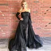 Black Lace Stropless Aftonklänningar med Overskirts 2018 sjöjungfrun från axel Långärmad Prom Klänningar Sweep Train Formell Party Vetsidos