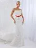 2018 Sexy Berta Prom Vestidos de encaje de encaje completo Beads Deep V Cuello delantero División Long Vestido de fiesta formal