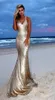 Nieuwe populaire 2017 gouden lovertjes jurken avondkleding Sexy Halter Criss Cross Back Beaded Long Beach Formal Prom Party Gown EN9167