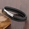 Tout nouveau cuir véritable noir 12mm ton argent en acier inoxydable Vogue hommes bijoux Bracelet Bracelet pression magnétique