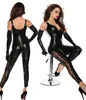 Combinaison Catsuit en Faux cuir avec fermeture éclair à l'entrejambe, noire, Sexy, en Latex, pour femmes, Clubwear, Lingerie fétiche, jambes en dentelle, body 281I