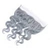 Partie médiane libre Gris argenté Cheveux humains Fermeture frontale en dentelle 13x4 Noeuds blanchis Couleur gris pur Vague de corps ondulée Full Lace Frontal