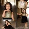 Siyah Altın Sequins Tül Çiçek Kız Elbise Düğün İçin Çocuk Parti Elbiseler Sparkly Kızlar Pageant elbise Diz Boyu