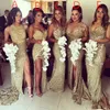 Gold Sequins Bling Bridesmaid Dresses Side Slits Sexy Back Sheath Long Vintage Wedding Maid of Honor Gowns Women's Prom Pageant Formal Wear