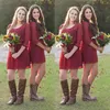 New Arrival 2016 Country Style Krótkie sukienki Druhna Under 100 Tanie Scoop Dark Red Szyfonowe 3/4 Długie Rękawy Casual Formalna Gown EN3225