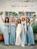 Плюс размер свадебный тюль длинная голубая вечеринка современные V-образные вырезыванные платья для подружки невесты Ruched талия Vestido Madrinha Casamento Longo