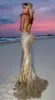 Nieuwe populaire 2017 gouden lovertjes jurken avondkleding Sexy Halter Criss Cross Back Beaded Long Beach Formal Prom Party Gown EN9167