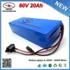 FREE SHIPPING (1PC) 1800W 60V 20Ah Ebike battery Lithium ion Battery 18650 Cells with PVC Case 16S 30A BMS +67.2V 2A Charger