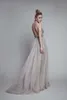 2017 Sexy Silber Grau Abendkleider V-ausschnitt Illusion Mieder Pailletten Perlen Tüll Split Backless Berta Prom Kleider Abendgesellschaft Kleider