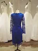 Elegante renda azul real, mãe dos vestidos de noiva, comprimento de chá de mangas compridas vestidos de coquetel de festa caia de inverno pálido rosa, verde