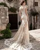 Champagne Full Lace Dresses Over Skirts Tulle See Through Vintage Appliqued Sash Detachable Train Boho Bridal Wedding Gowns