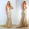 2020 glanzende lovertjes Glitter prom jurken goudkleurige sexy spaghetti riemen backless court trein paria toga's op maat gemaakt China EN42010