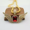 Hip Hop Angel Wings con collana con ciondolo in pietra rossa grande 76cm Catena con strass intarsiato con strass ala collana Uomo Donna Iced Out Jewelry