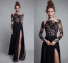 Elegante Black Lace Applique Vestidos de Noite Com Ilusão de Manga Longa 2017 Chiffon Até O Chão Side Dividir Vestidos de Baile Formal Vestidos de Festa