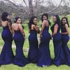 신부 들러리 드레스 2017 새로운 저렴한 아프리카 스파게티 스트랩 인어에 대한 결혼식 해군 파란색 플러스 크기 100 미만의 명예 가운의 정식 하녀